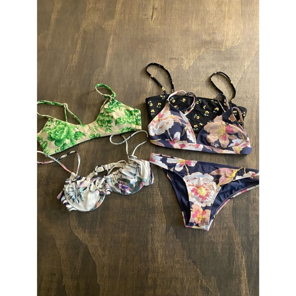 Mixed Floral Bikini Set - Navy, Green, Cream